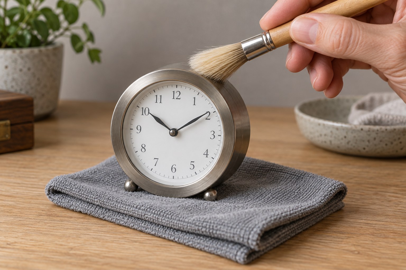 A soft dry brush lightly cleaning the outer rim of a modern silver clock case