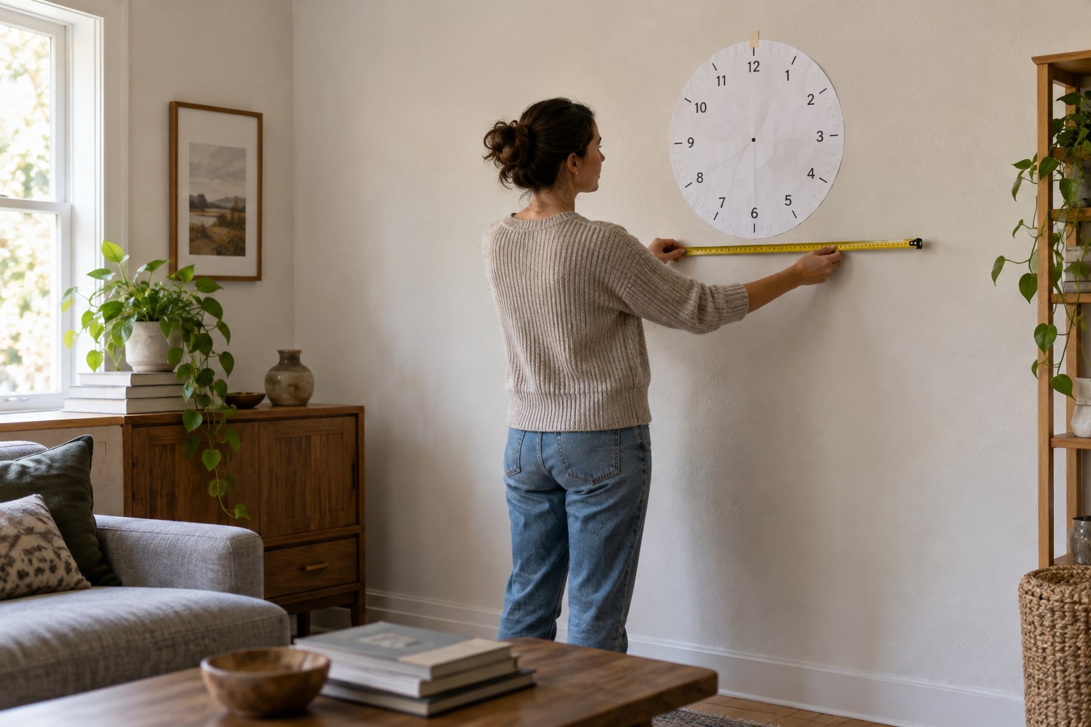 A person measuring wall space beneath a paper clock-size mock-up