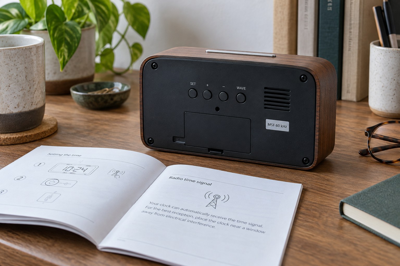 The rear controls of a wooden desk clock beside an open instruction booklet