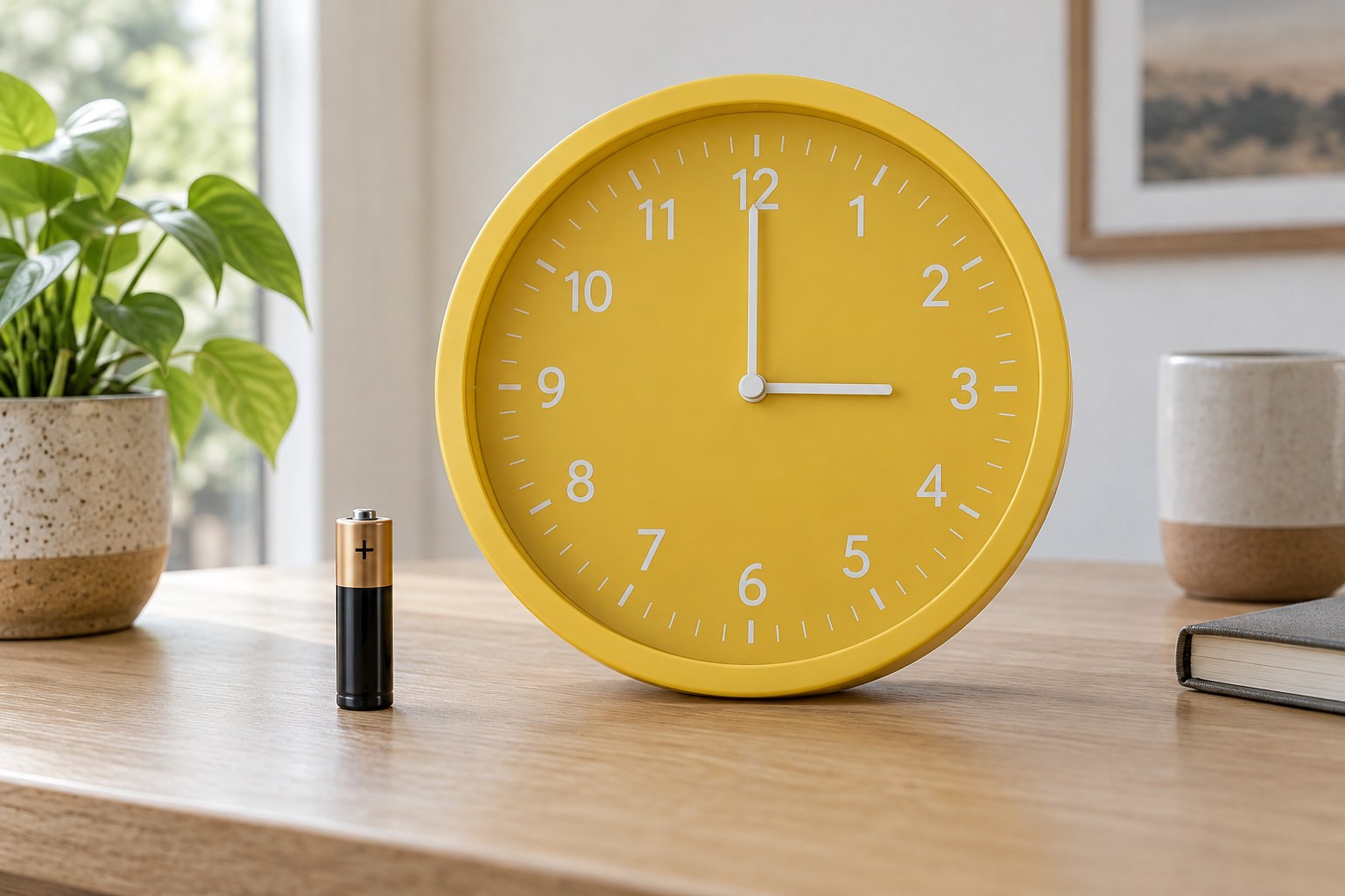 A yellow analogue clock standing beside a single battery