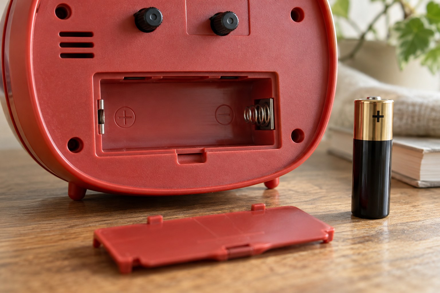 An empty battery compartment on the rear of a red clock, with a battery alongside
