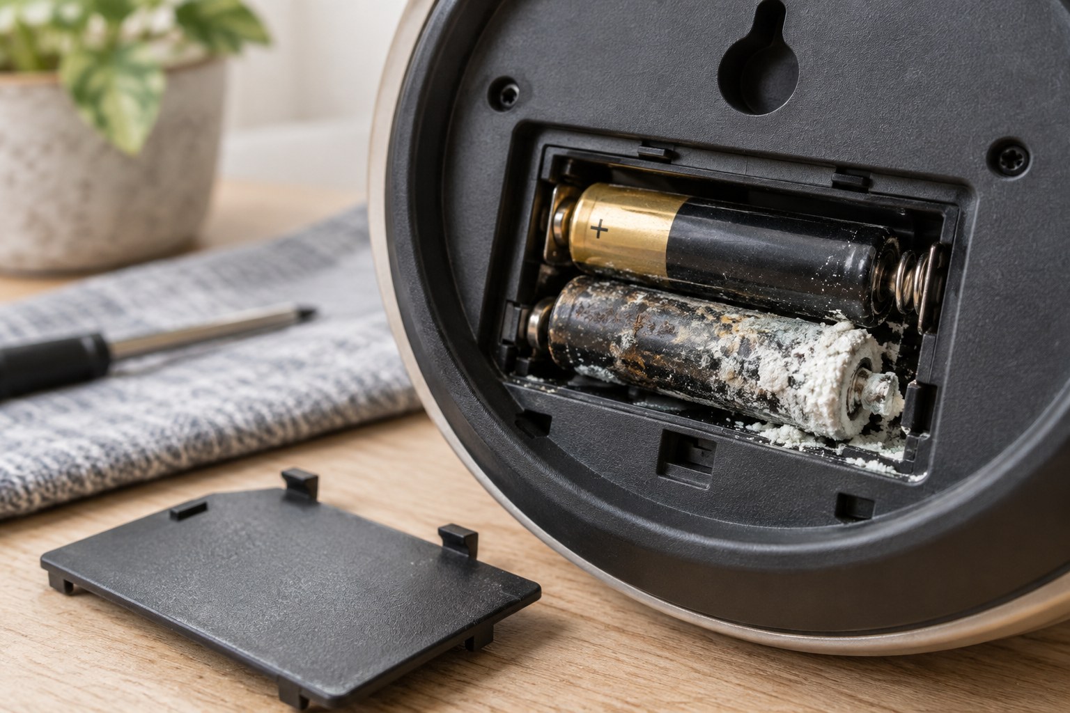 White corrosion deposits around a leaking battery inside a clock compartment