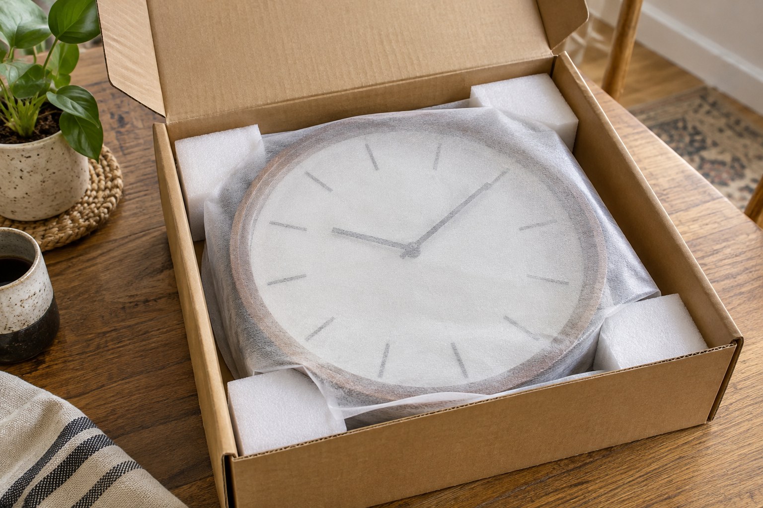 A wall clock protected with wrapping and corner padding inside a cardboard box