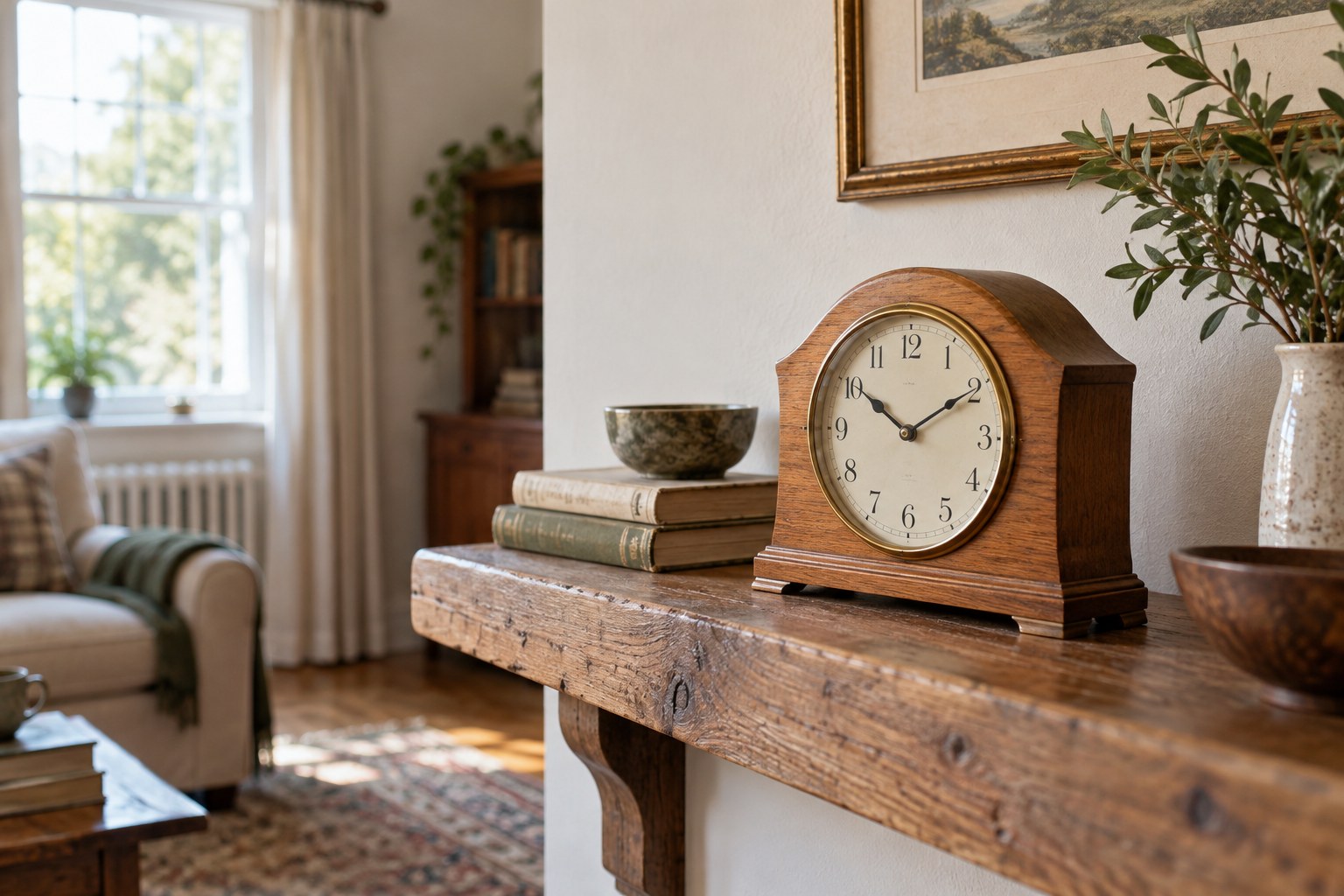 A wooden mantel clock on a console table away from a radiator near the window