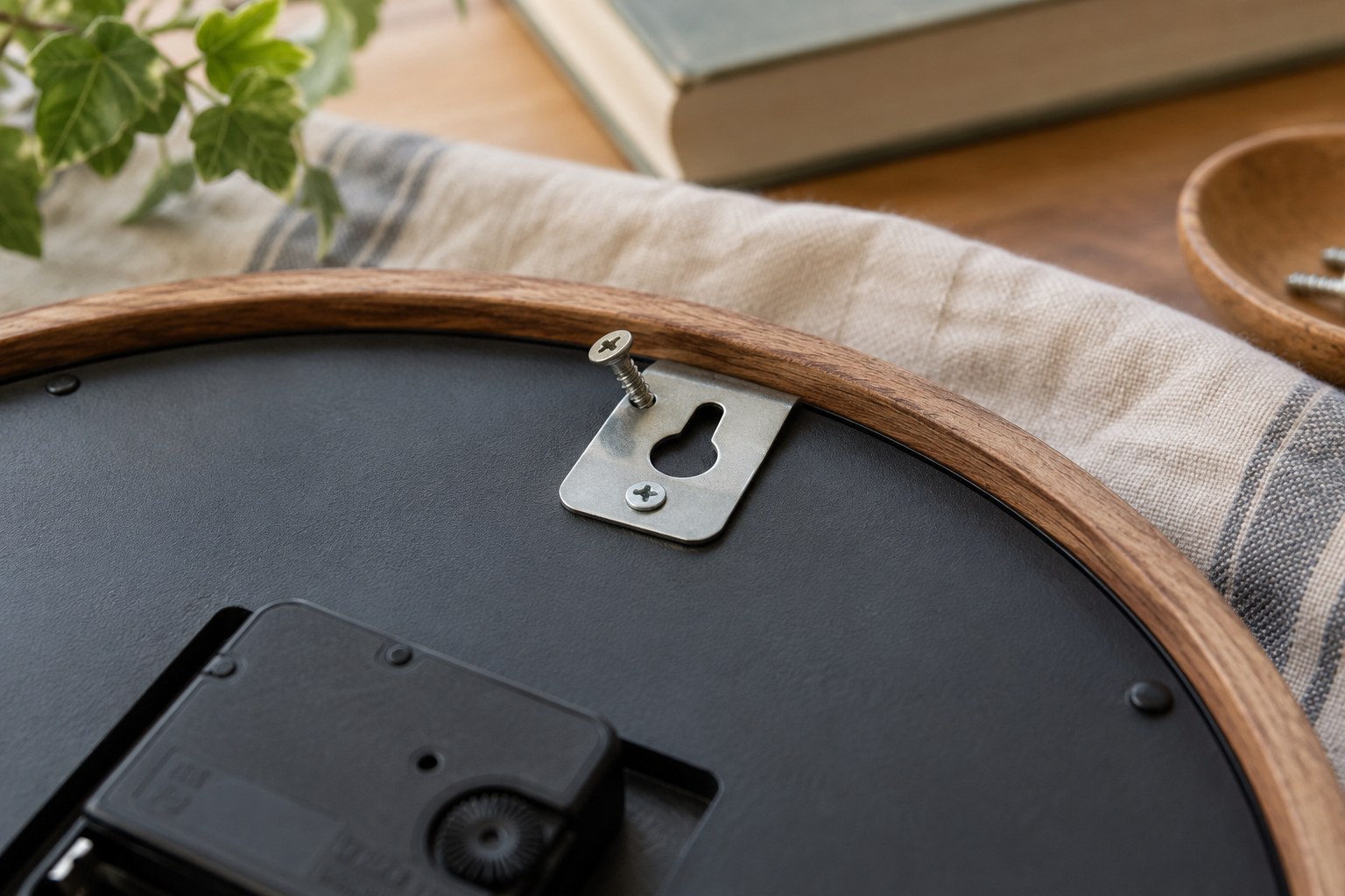 A hanging plate and raised screw on the back of a wooden clock frame