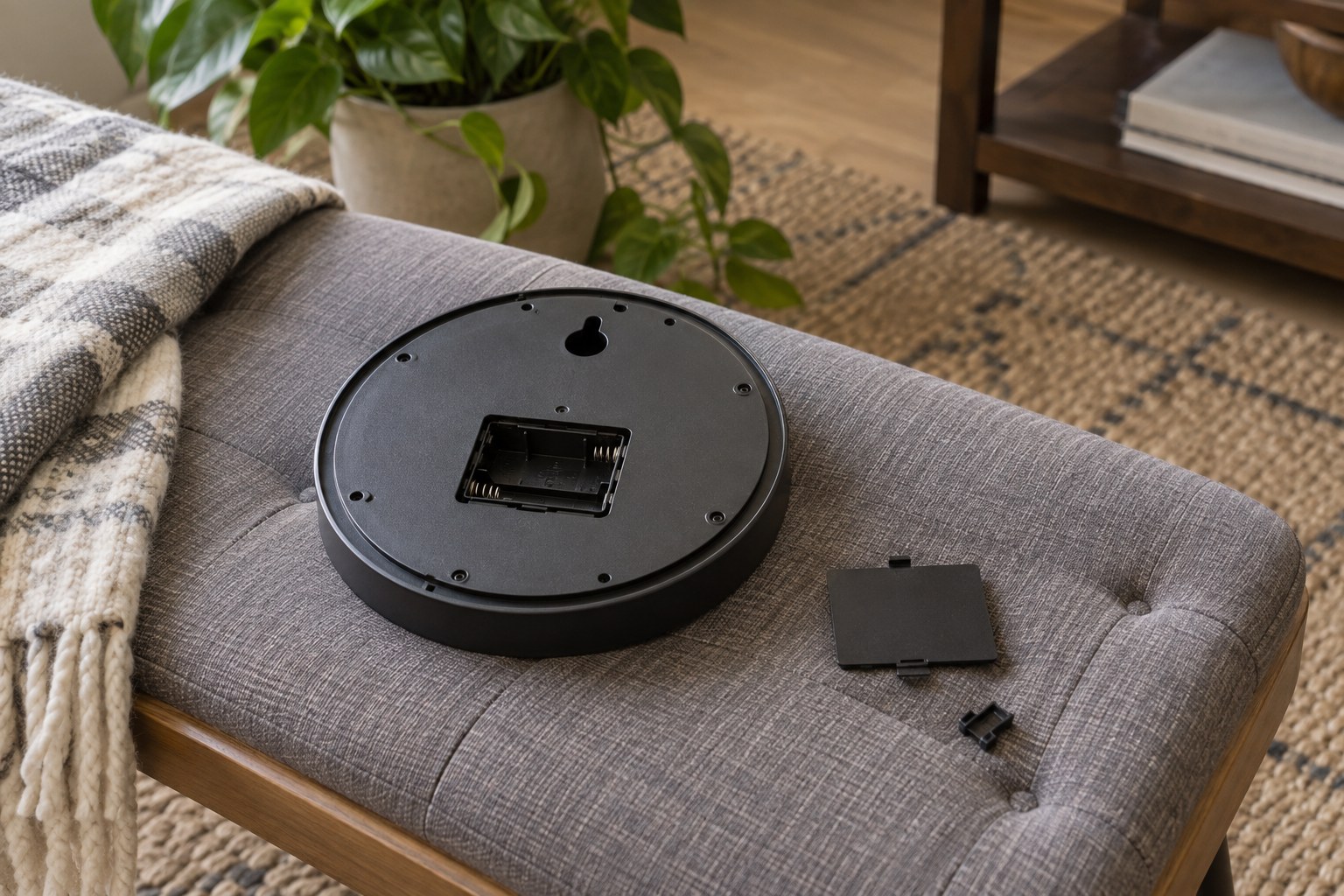 A clock lying face down on a padded chair with a loose screw and battery cover beside it