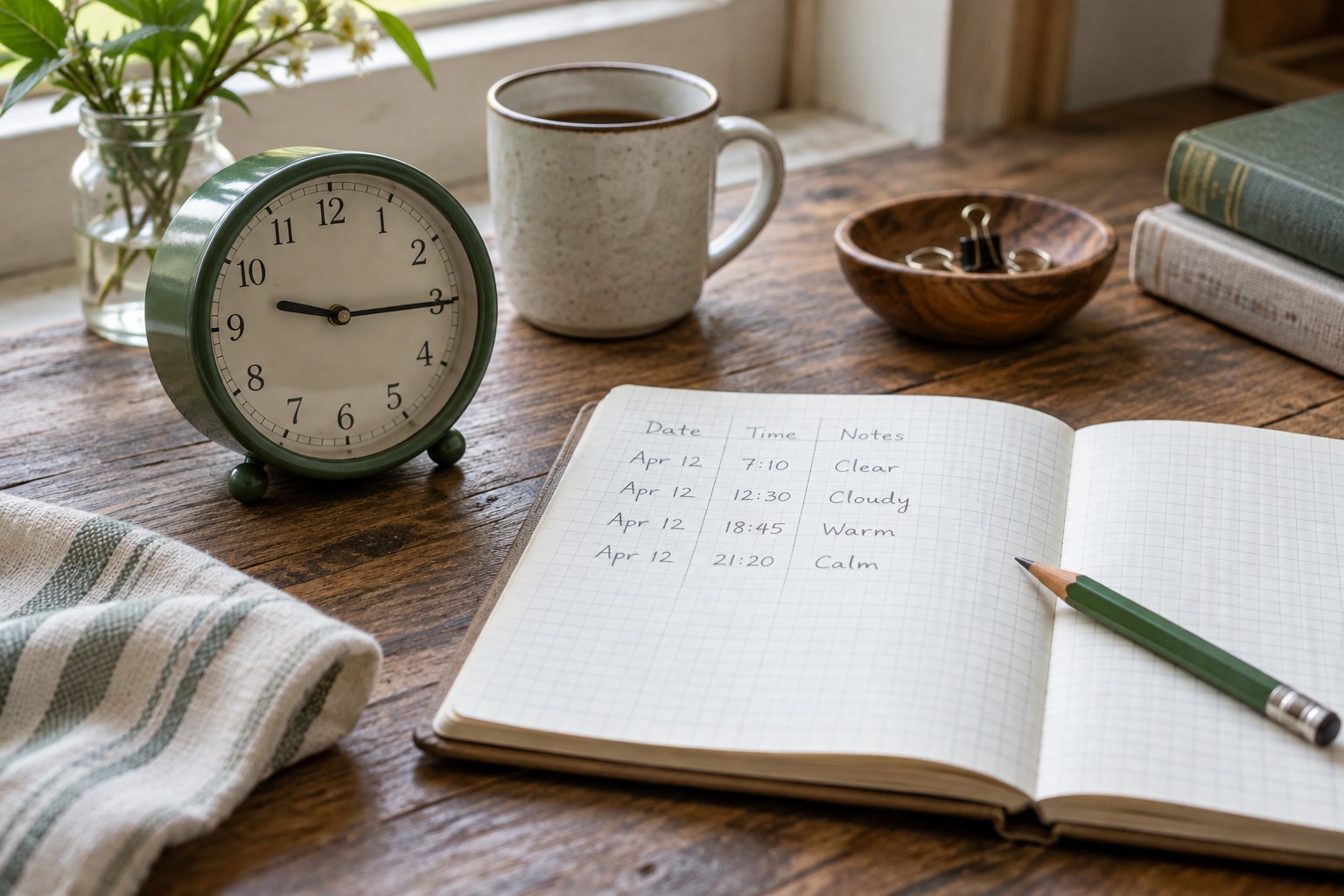 A small green clock beside a notebook containing timekeeping observations