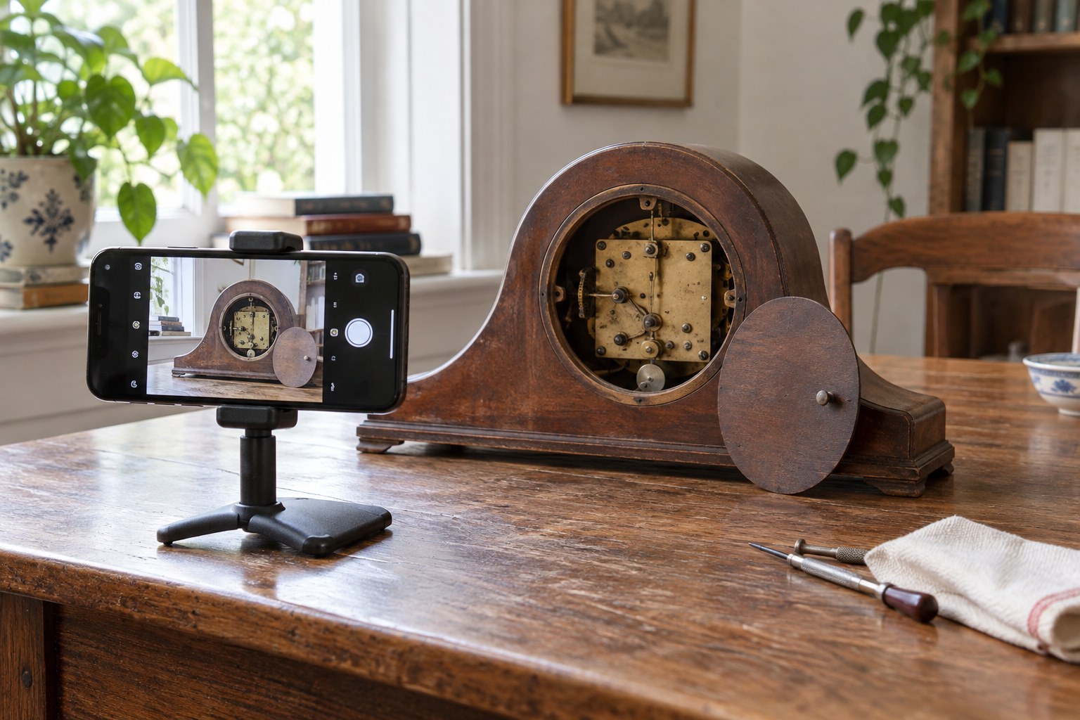 A smartphone on a small tripod photographing the open back of a mantel clock