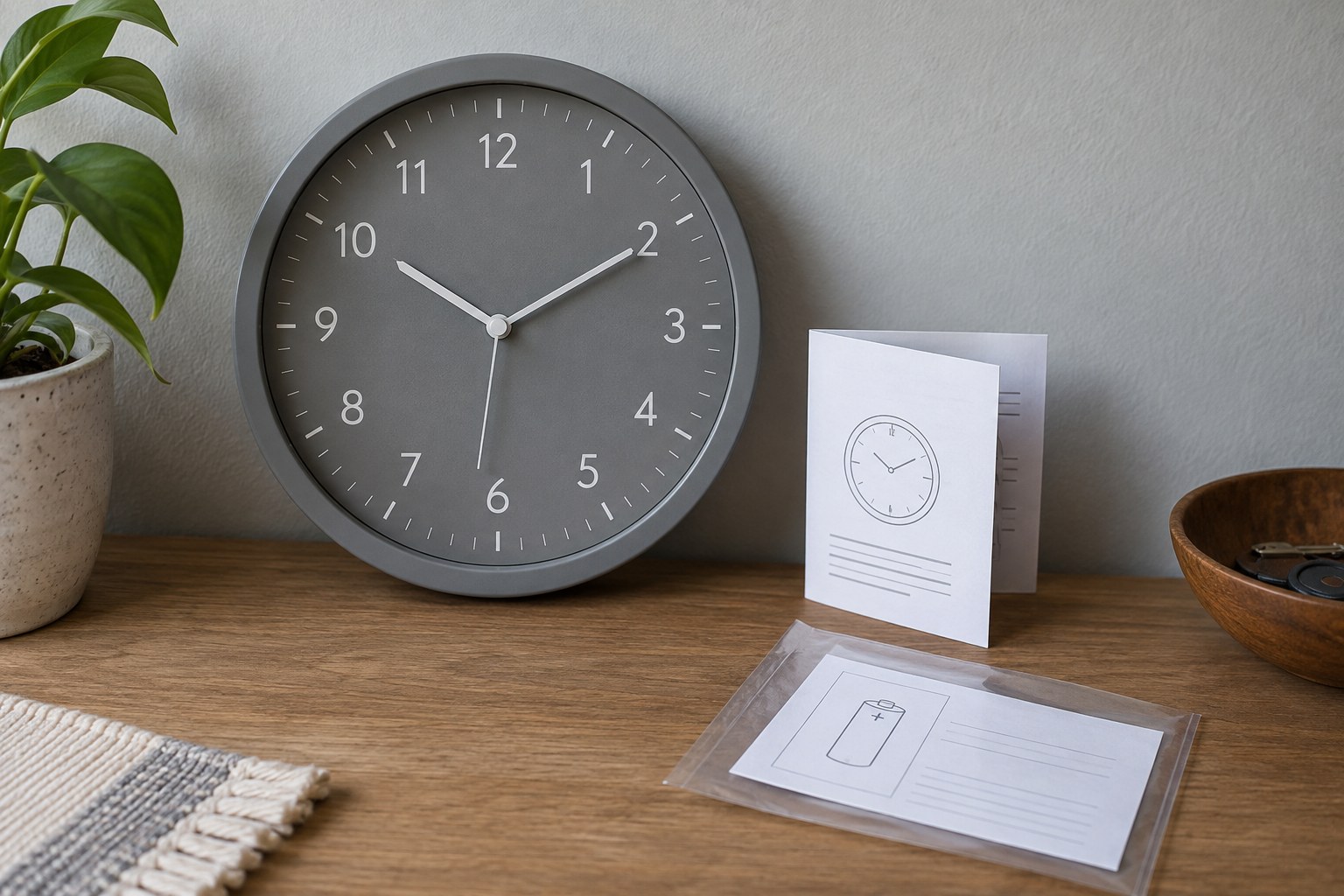 A grey wall clock beside its instruction booklet and stored paperwork