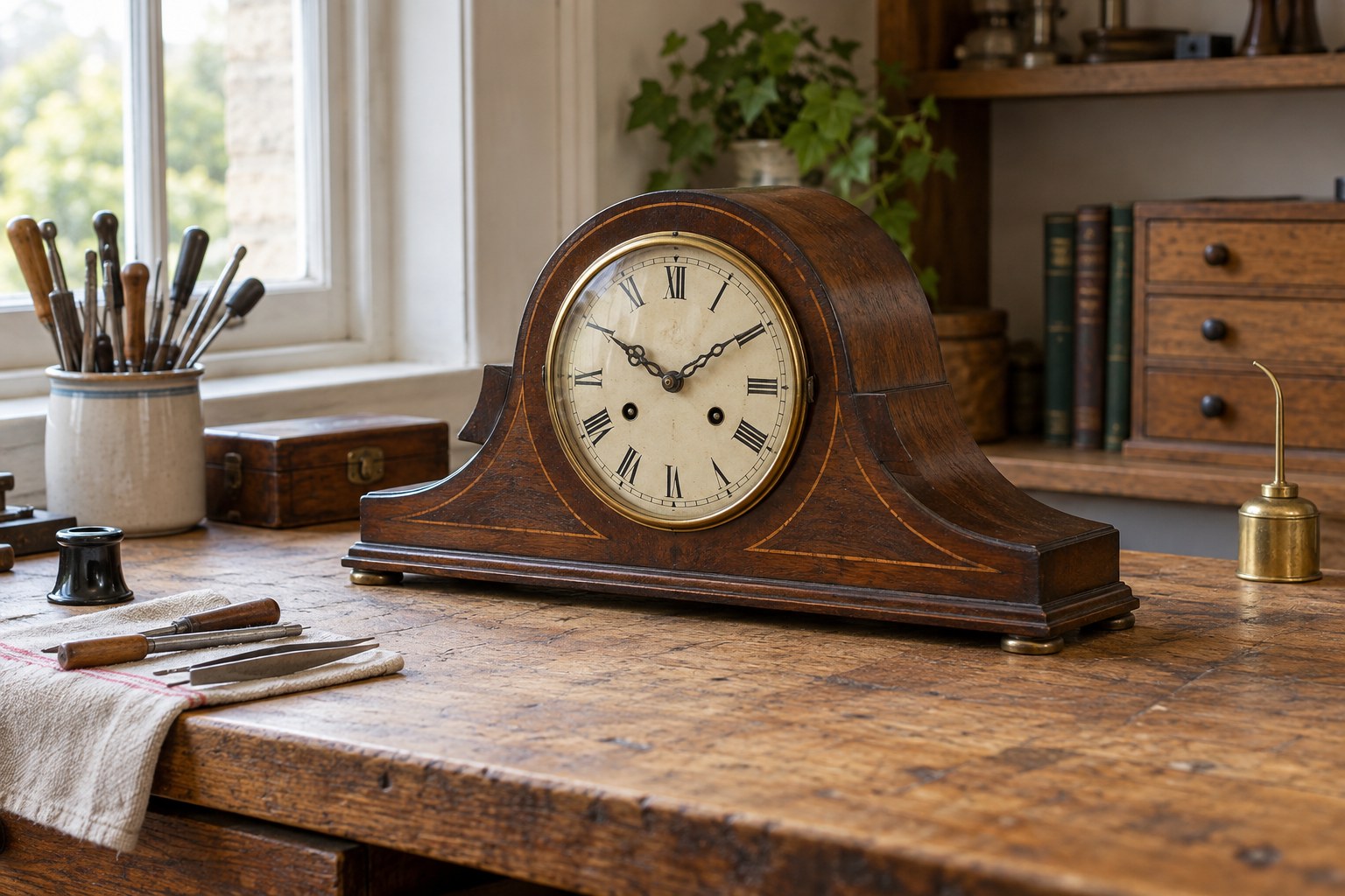 A wooden mantel clock on a workbench with tools and a small oil container set to one side