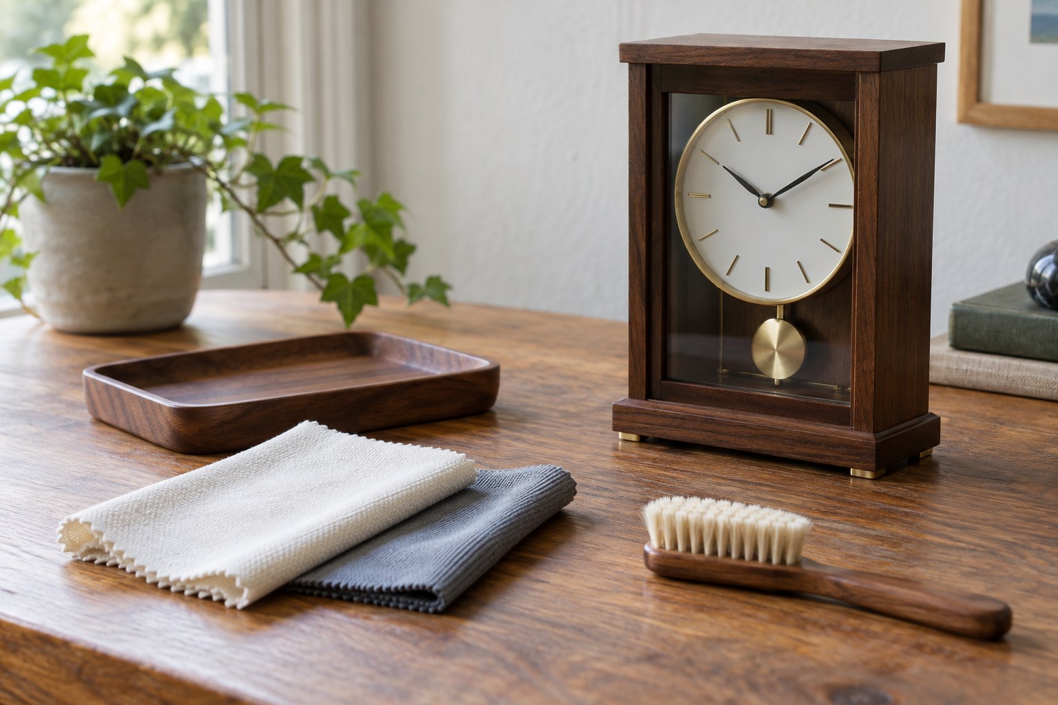 Folded cloths, a brush and a tray beside a wooden clock