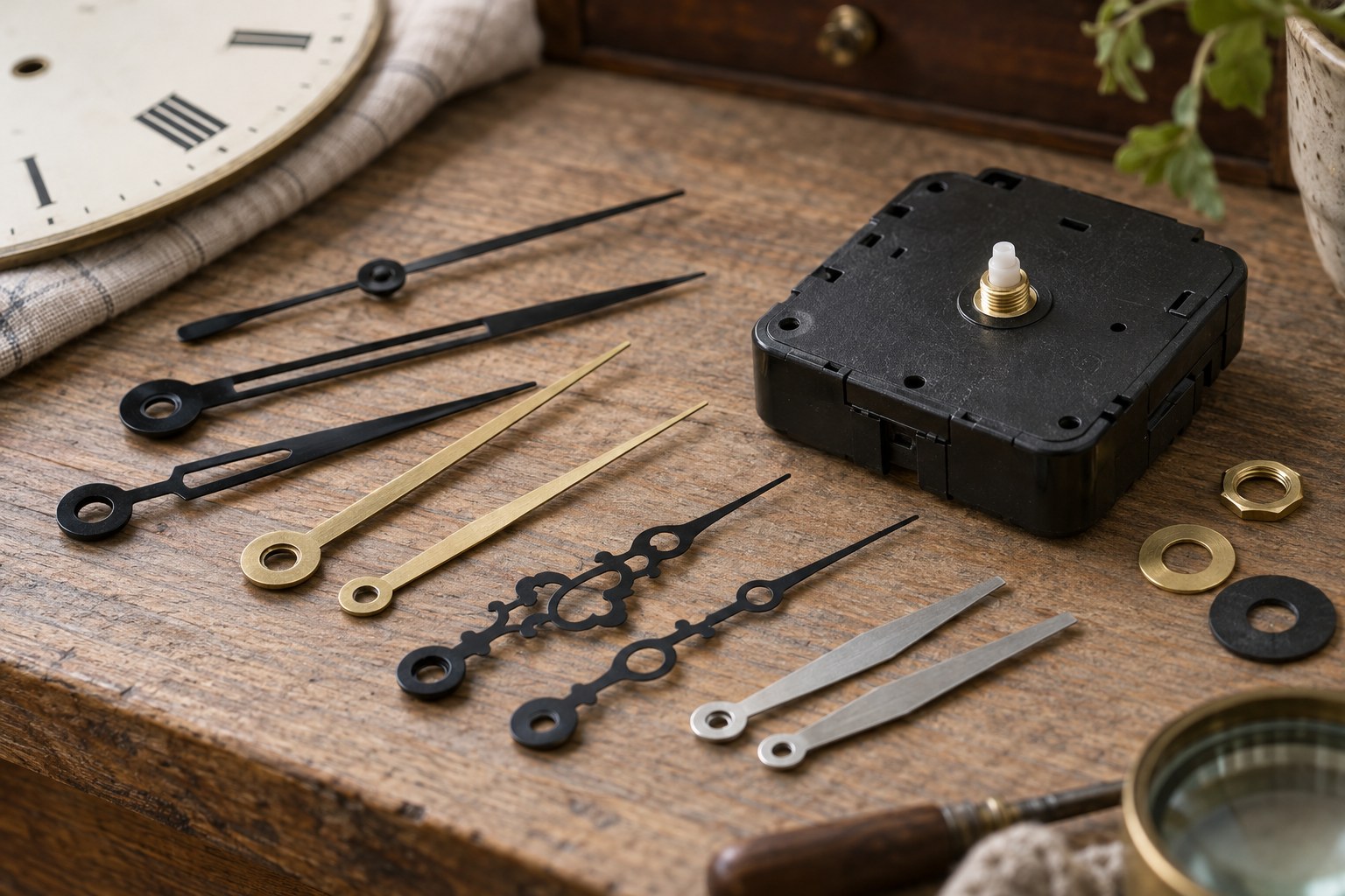 Clock hands of different shapes laid out beside a quartz movement and mounting hardware