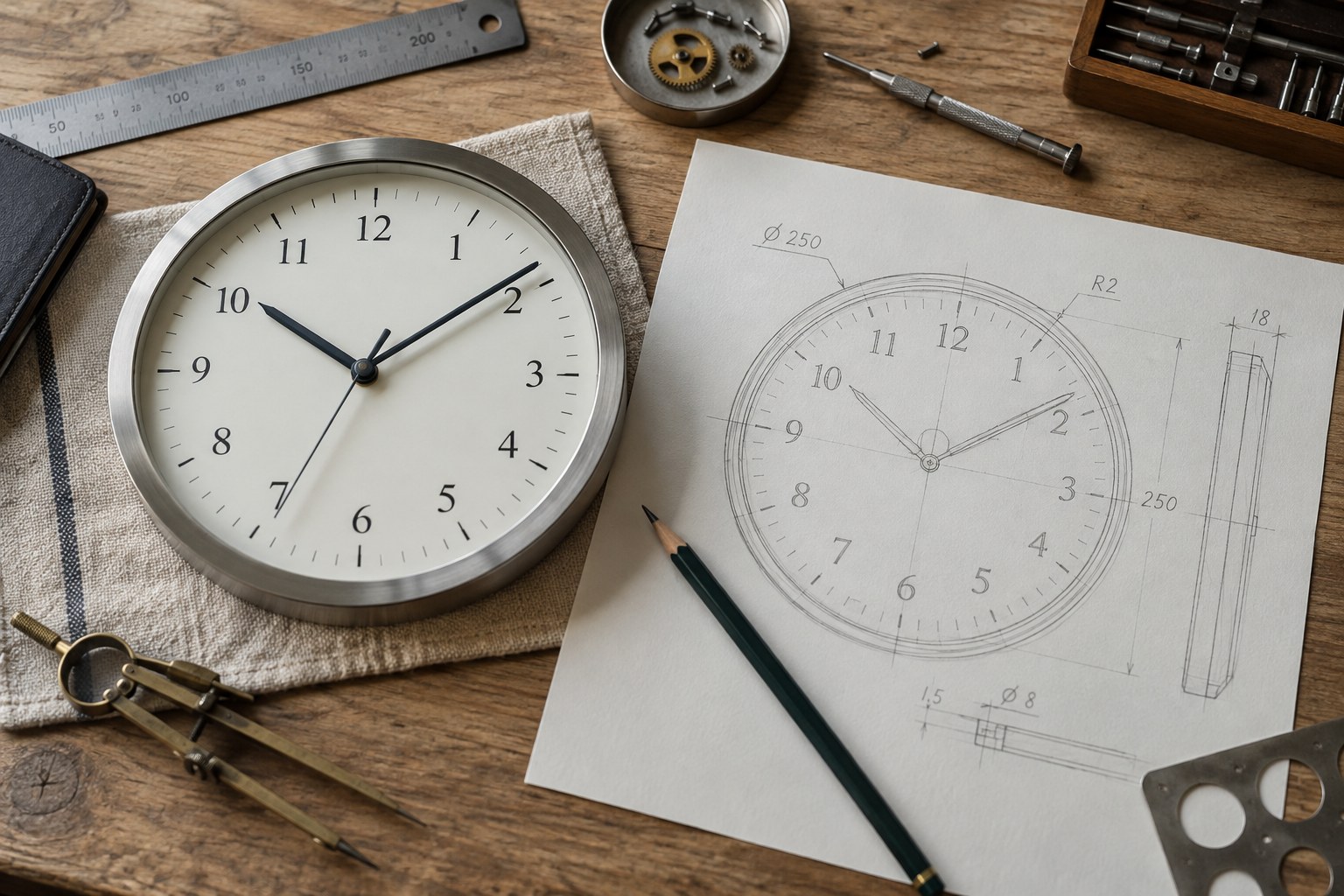 A complete clock beside a pencilled dial plan and measuring tools