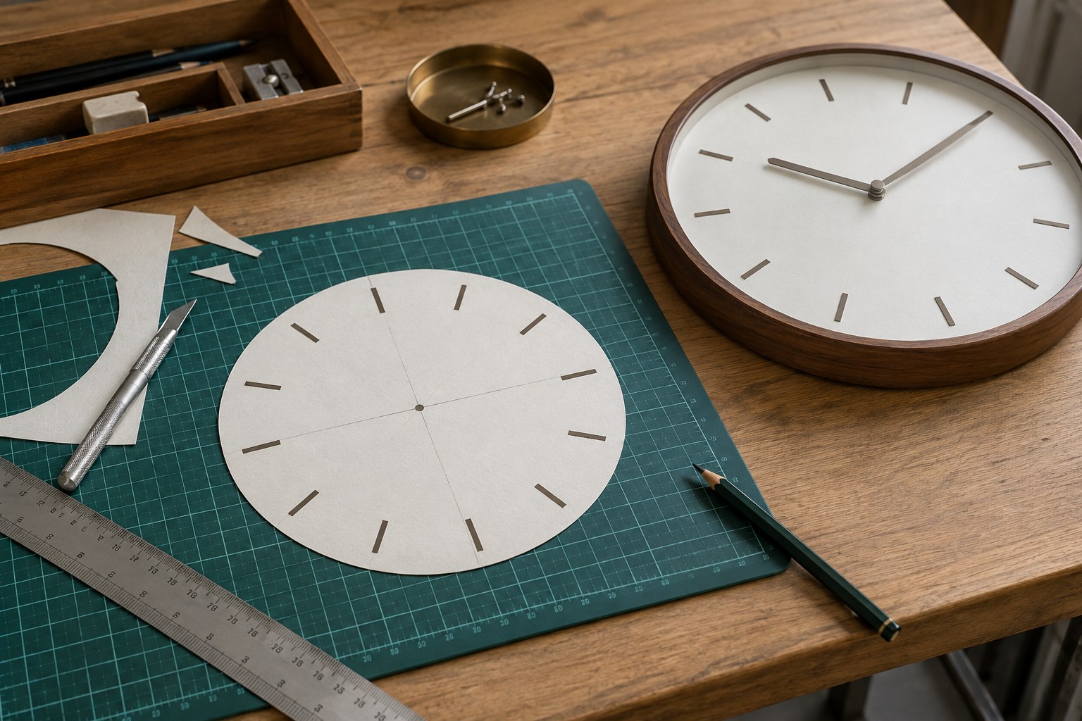 A paper clock-face mock-up on a cutting mat beside a finished clock