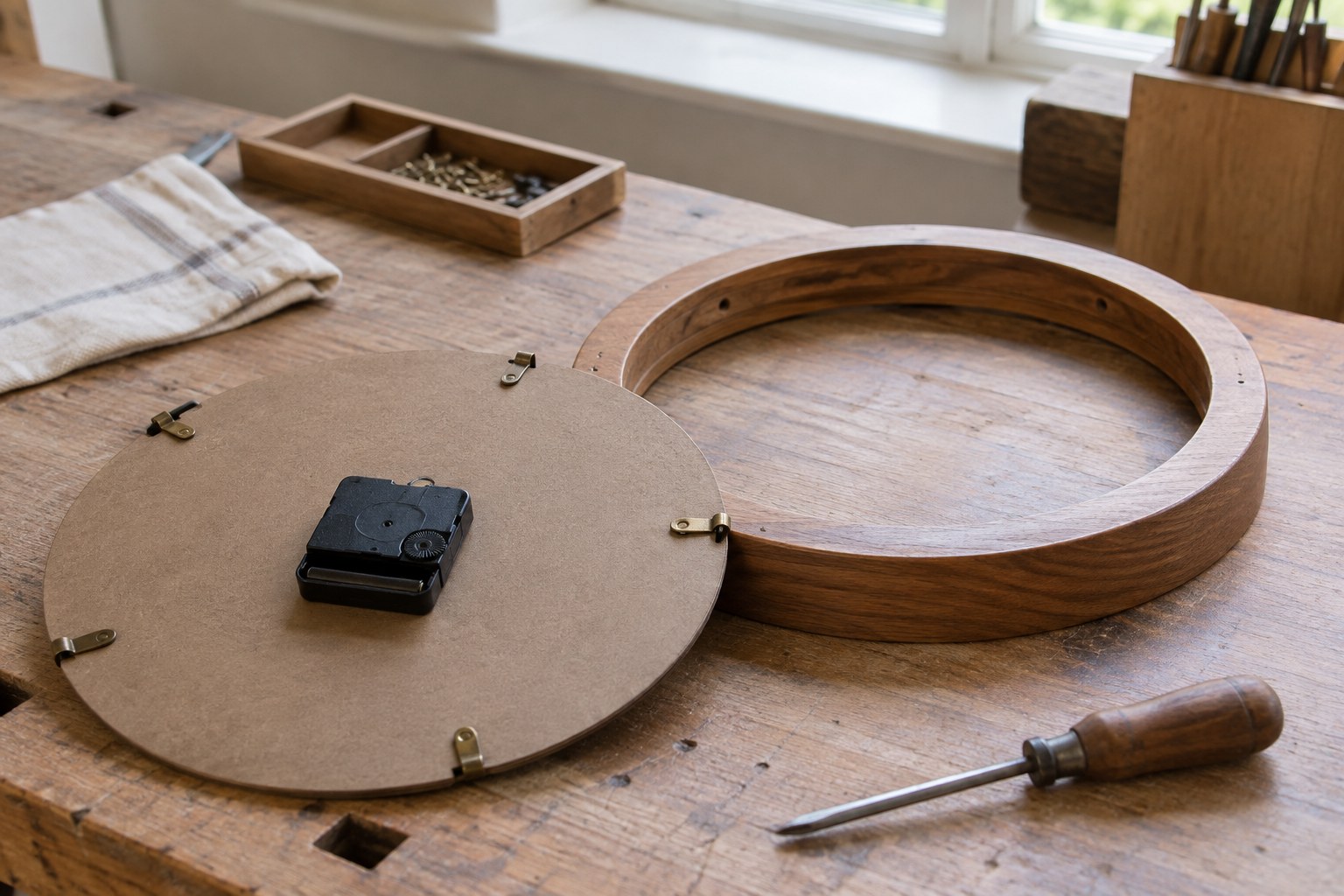 A removable circular clock backing board beside its wooden frame