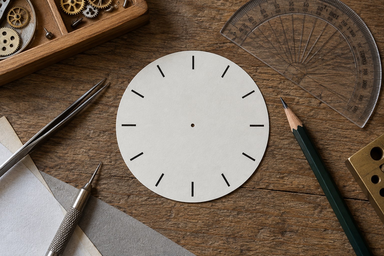 A circular dial marked with twelve hour positions beside a protractor and pencil