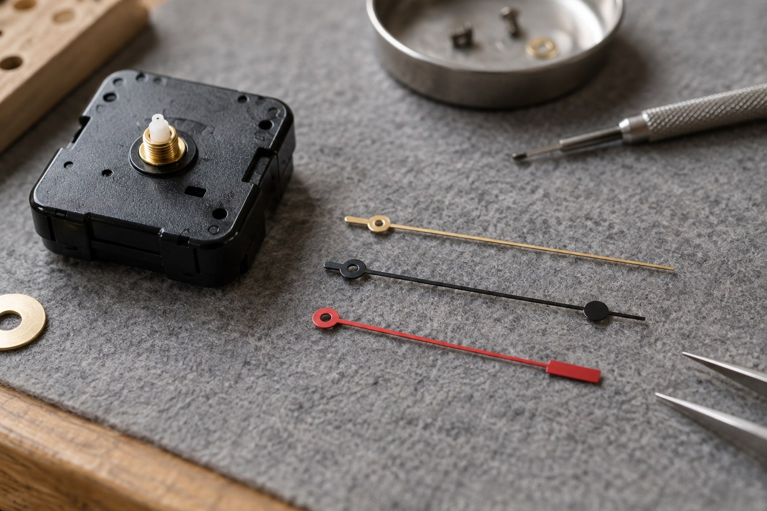 Several different second hands beside a quartz clock movement
