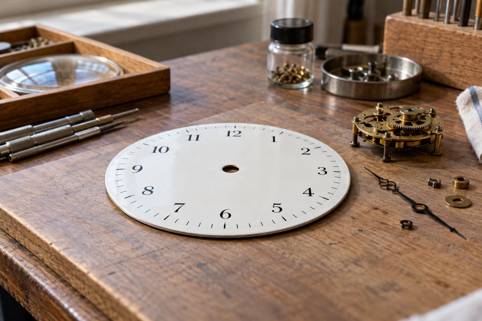 A detached white clock dial resting flat on a wooden work surface