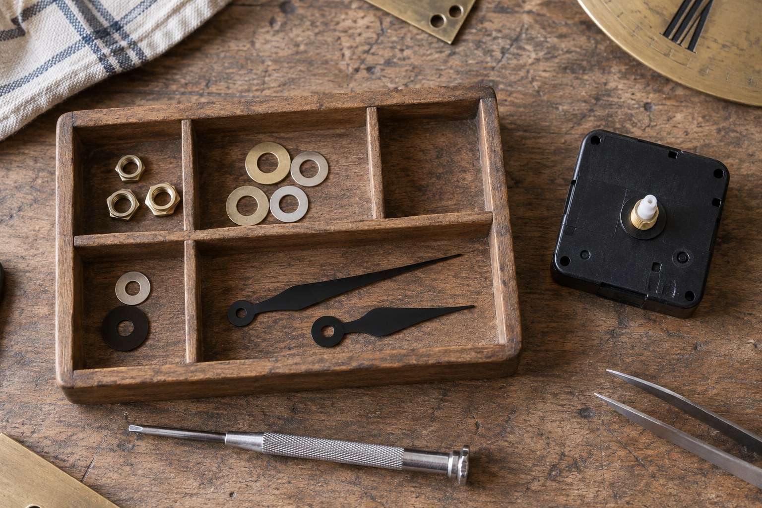 A divided wooden tray holding clock hands, washers and nuts beside a quartz movement