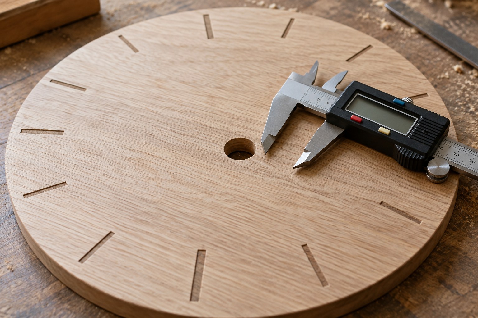 A wooden clock dial with a centre hole beside a digital calliper