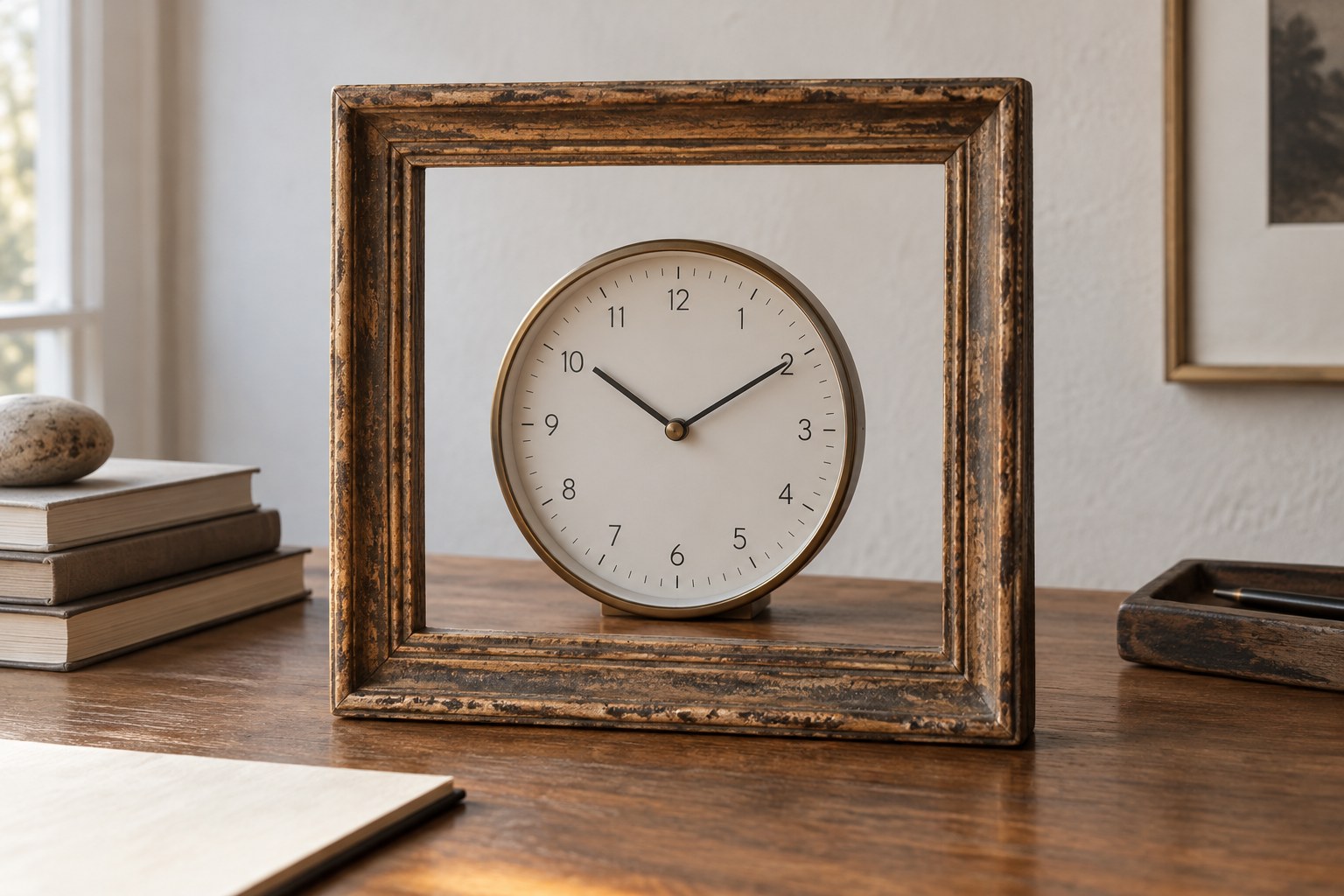 A small round clock positioned inside a freestanding decorative picture frame