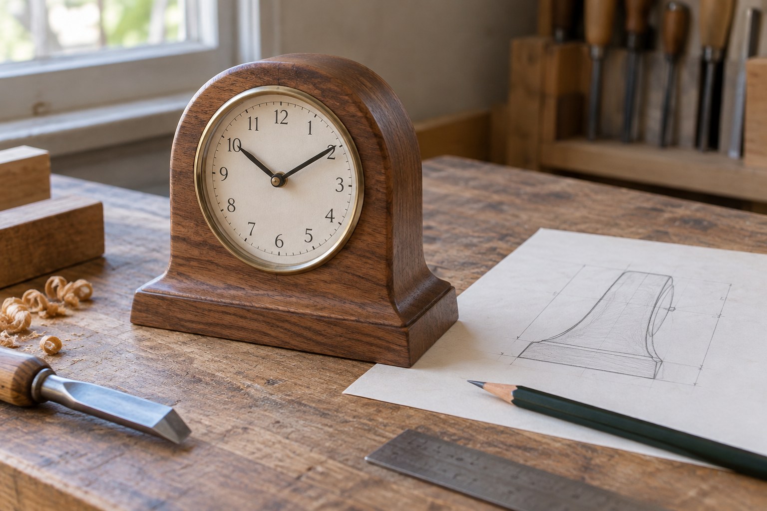A wooden desk clock beside a pencilled side-profile plan and ruler