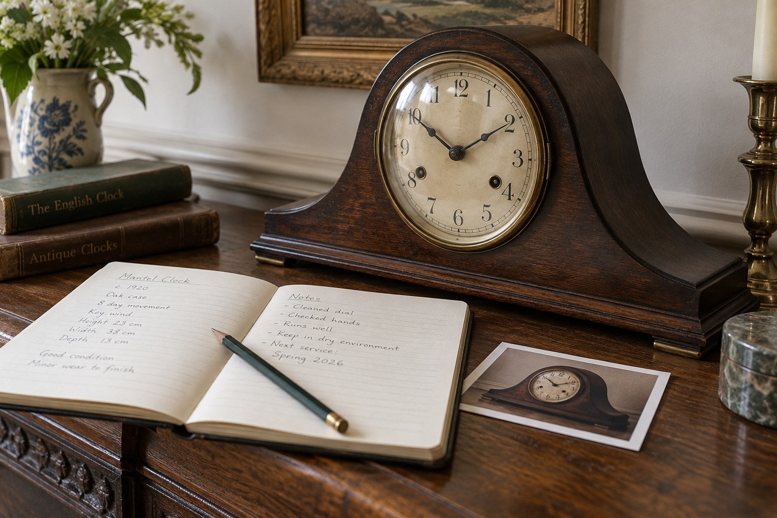 A vintage mantel clock beside a written notebook and a printed photograph
