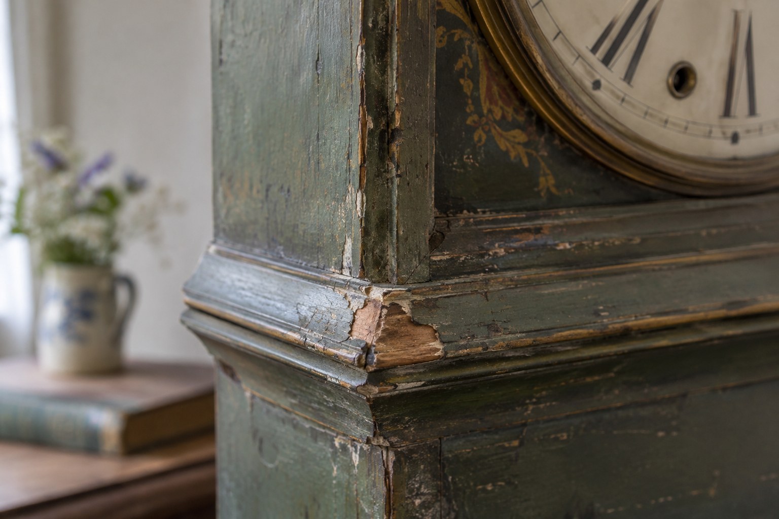 A chipped corner exposing wood beneath the painted finish of an old clock case
