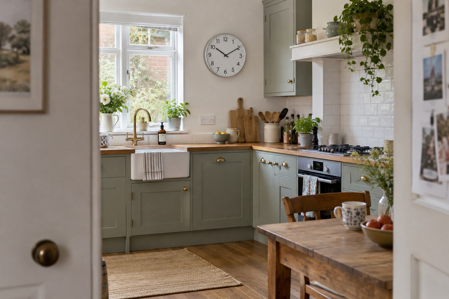 A wall clock above a kitchen worktop, viewed from the doorway