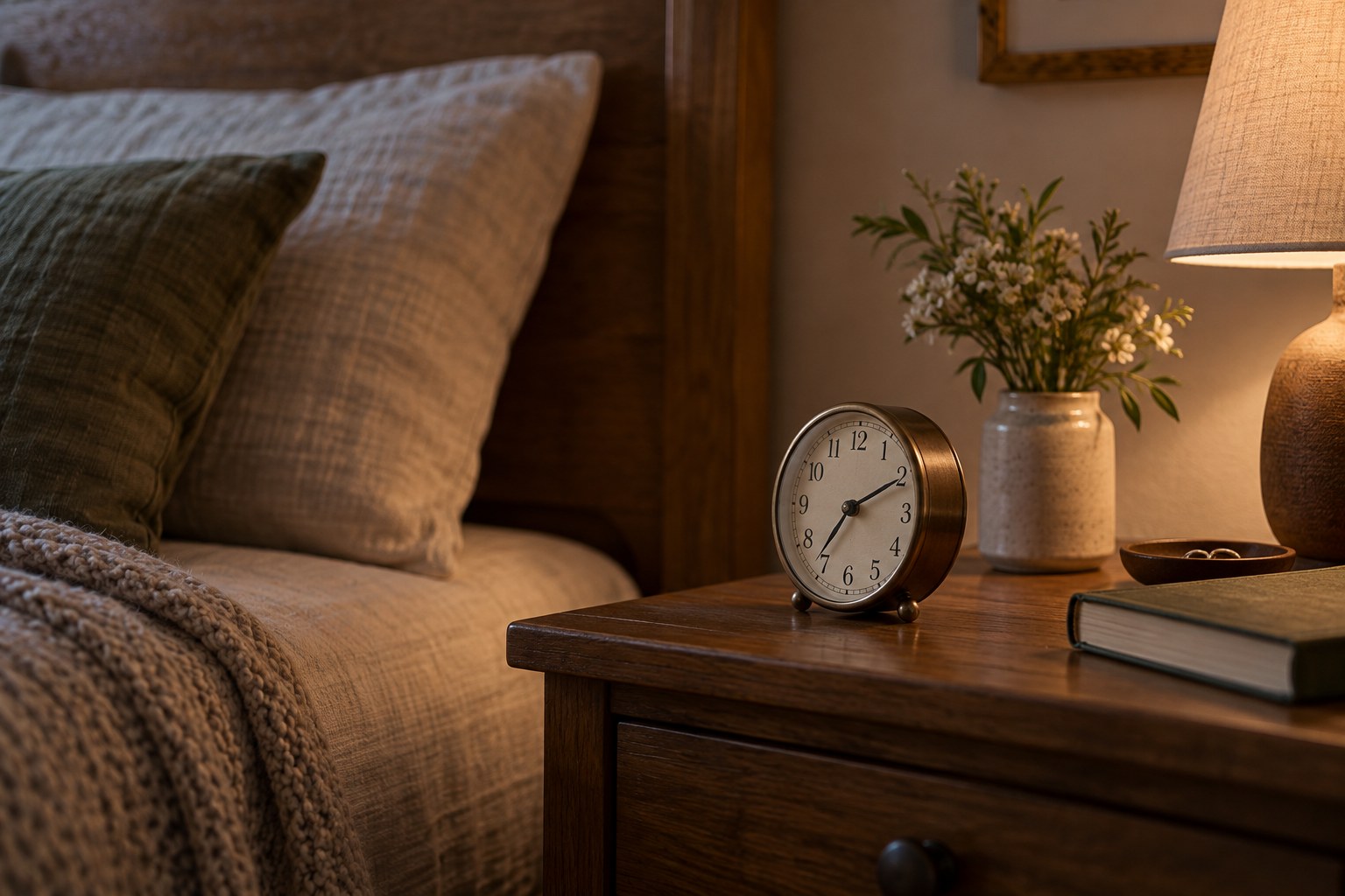 A small analogue clock on a bedside table below the level of the pillows