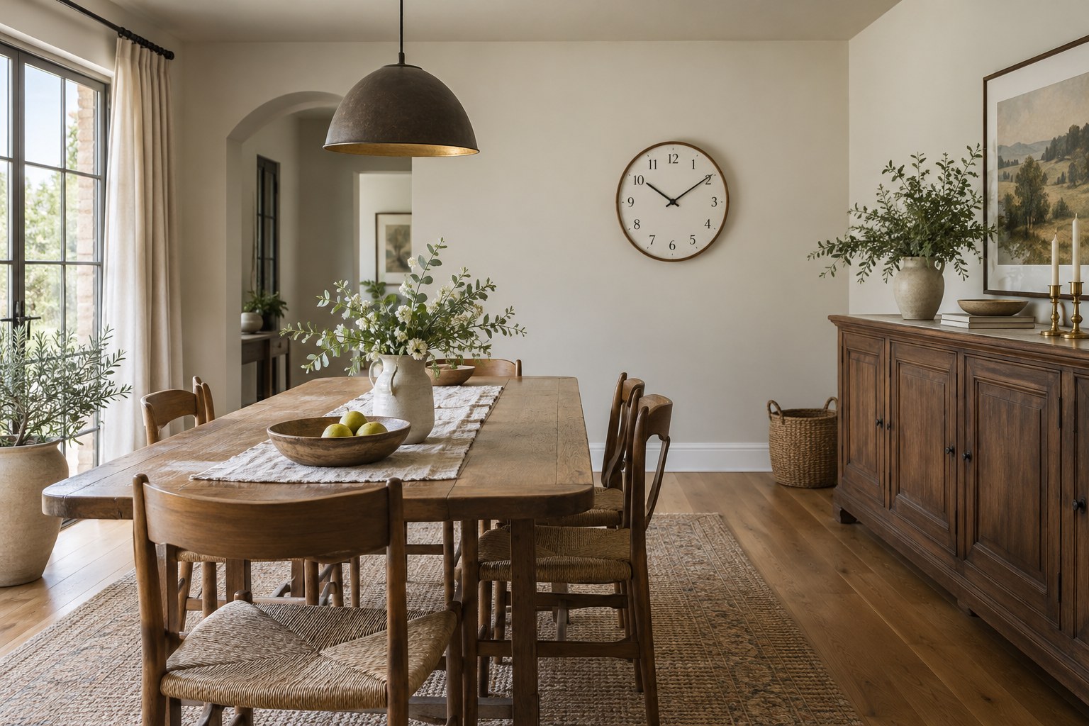A wall clock with clear space around it above a dining-room sideboard