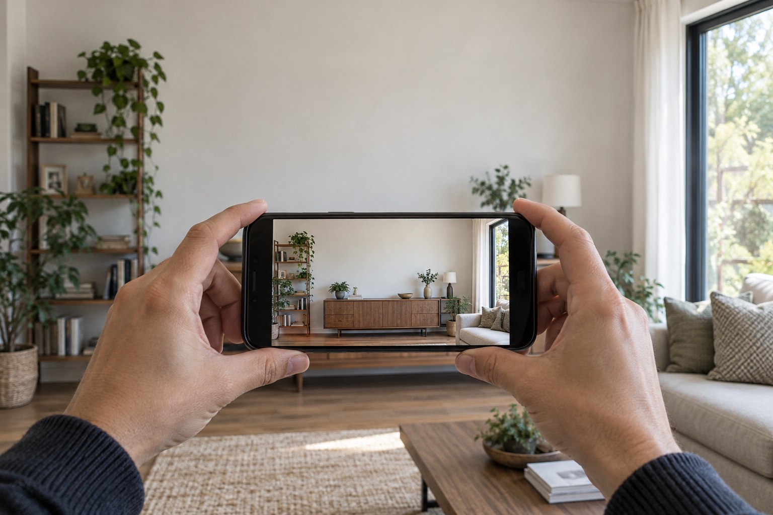 Hands holding a phone to photograph a living-room wall before choosing a clock